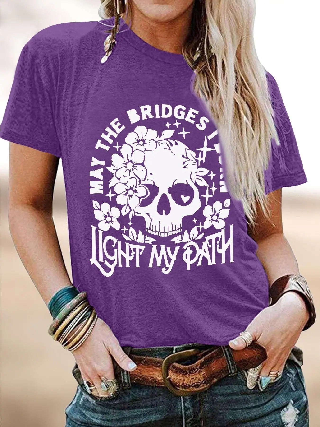Women's Floral Skull & Letter Print Round Neck Tee, Fashion Casual Short Sleeve T-shirt for Daily Holiday Vacation...
