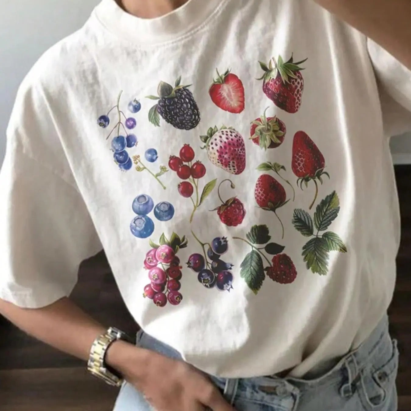 Women's Fruit Print Drop Shoulder Tee, Casual Half Sleeve Round Neck T-Shirt for Summer, Women's Top for Daily Wear...