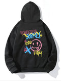 Women's Geometric Expression & Letter Print Drop Shoulder Hoodie, Fashion Casual Drawstring Pocket Hooded Sweatshirt for...