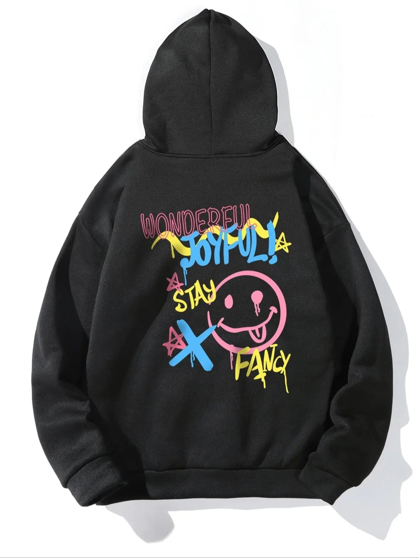 Women's Geometric Expression & Letter Print Drop Shoulder Hoodie, Fashion Casual Drawstring Pocket Hooded Sweatshirt for...