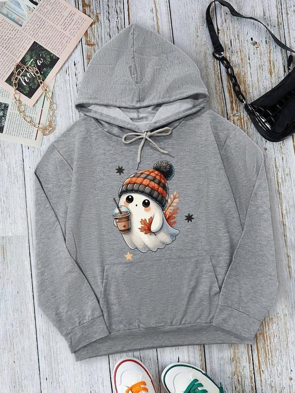 Women's Ghost & Pumpkin Print Drop Shoulder Hoodie, Fashion Casual Drawstring Pocket Hooded Sweatshirt for Daily Holiday...