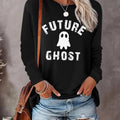 Women's Ghost Print Round Neck Tee, Casual Halloween Long Sleeve Crew Neck T-shirt for Fall & Winter, Women's Clothes for...
