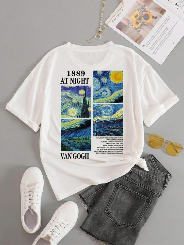 Women's Graphic Round Neck Drop Shoulder Tee, Printed Short Sleeve T-Shirt for Summer, Casual Daily Wear Top for Women...