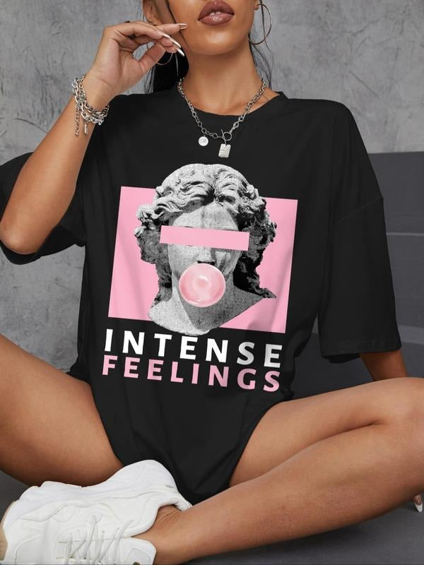 Women's Graphic Round Neck Drop Shoulder Tee, Summer Clothes Women, Fashion Casual Sculpture Print Crew Neck T-shirt for...