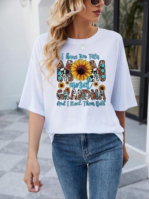 Women's Graphic Round Neck Regular Sleeve Tee, Sunflower & Letter Print Short Sleeve T-Shirt, Casual Crew Neck Top for...