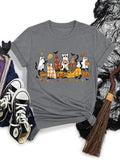 Women's Halloween Cartoon Ghost & Pumpkin Print Round Neck Tee, Casual Short Sleeve T-shirt for Daily Wear, Ladies...