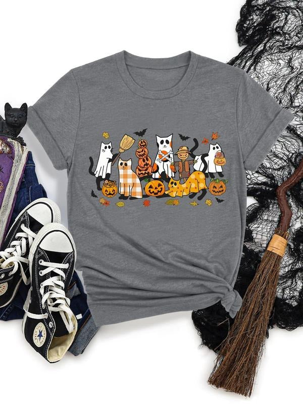 Women's Halloween Cartoon Ghost & Pumpkin Print Round Neck Tee, Casual Short Sleeve T-shirt for Daily Wear, Ladies...