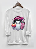 Women's Halloween Ghost Print Round Neck Pullover, Casual Long Sleeve Crew Neck Sweatshirt for Fall & Winter, Women's...