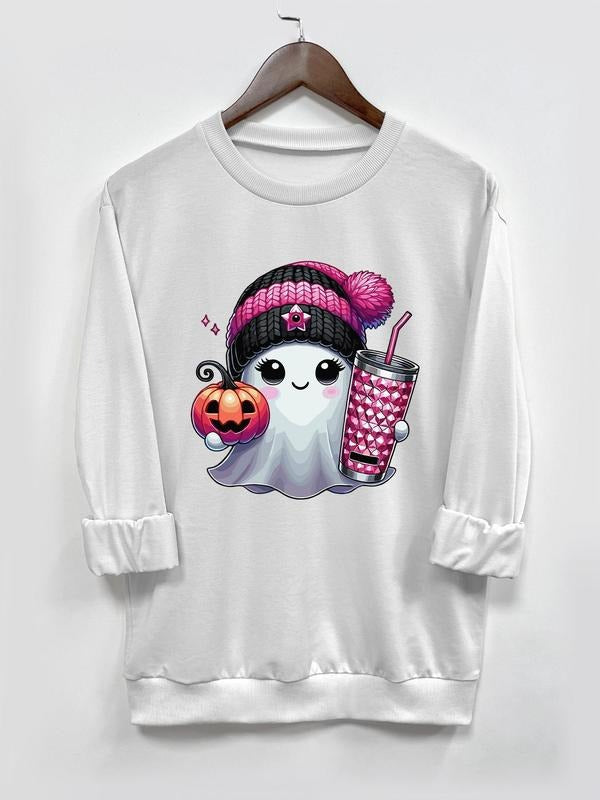 Women's Halloween Ghost Print Round Neck Pullover, Casual Long Sleeve Crew Neck Sweatshirt for Fall & Winter, Women's...