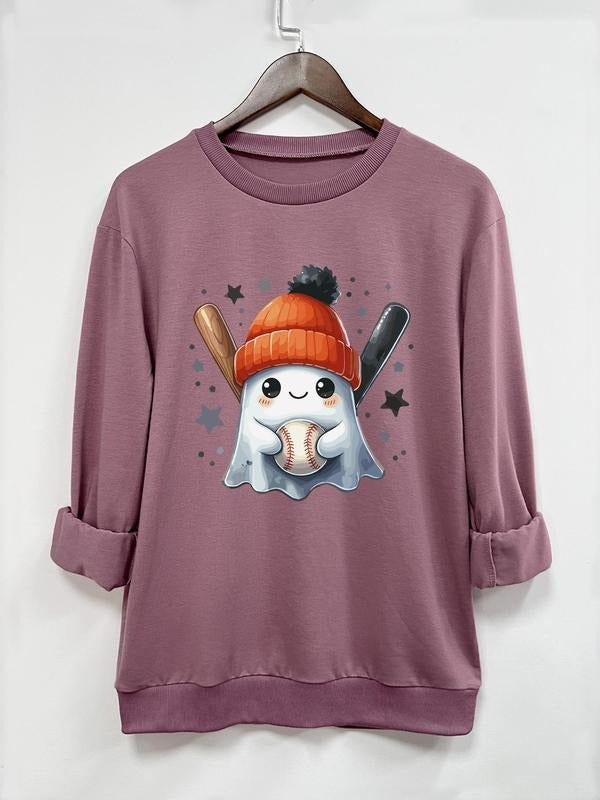Women's Halloween Ghost Print Round Neck Sweatshirt, Casual Long Sleeve Crew Neck Pullover for Fall & Winter, Women's...
