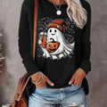 Women's Halloween Ghost Print Round Neck T-shirt, Casual Long Sleeve Crew Neck Tee for Fall & Winter, Women's Clothes for...
