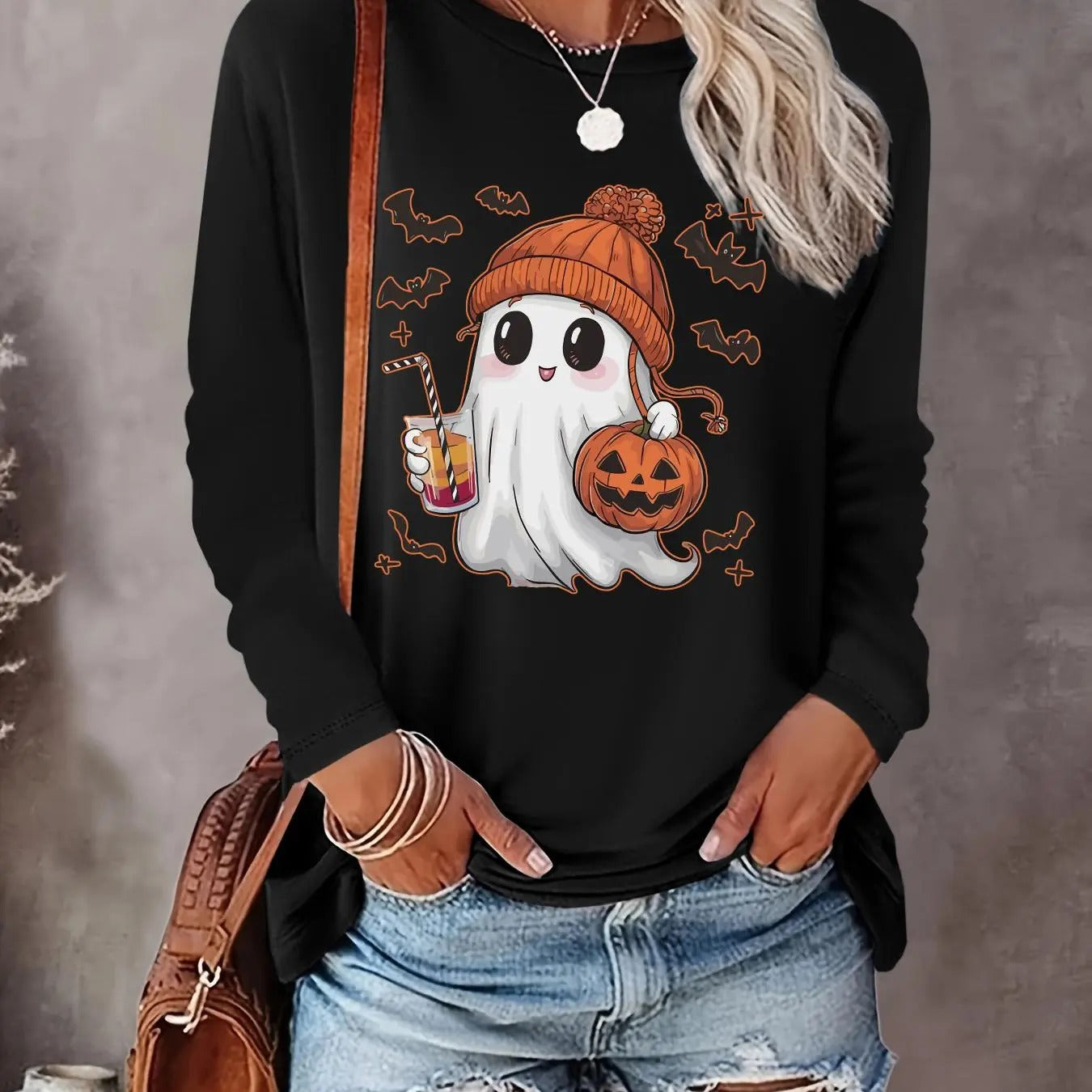 Women's Halloween Ghost Print Round Neck Tee, Casual Long Sleeve Crew Neck T-shirt  for Fall & Winter, Women's Clothes...