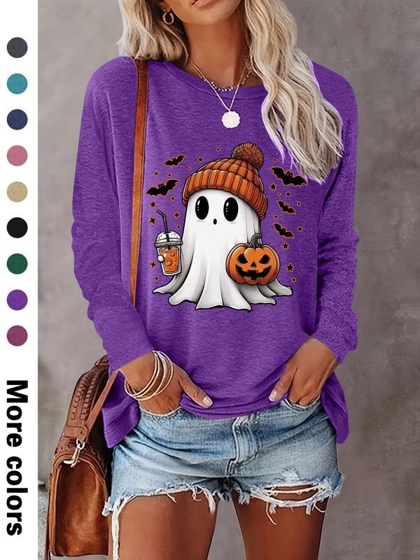 Women's Halloween Pumpkin Print Long Sleeve Round Neck Casual Fitted Longsleeves Top, Soft Comfortable Fabric, Available...
