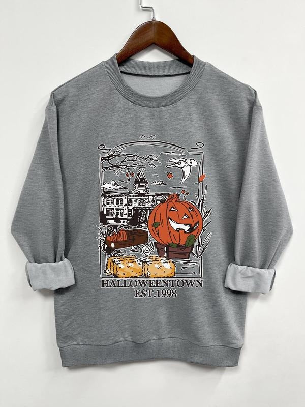 Women's Halloween Pumpkin Print Round Neck Sweatshirt, Casual Long Sleeve Crew Neck Pullover for Spring & Fall, Fashion...