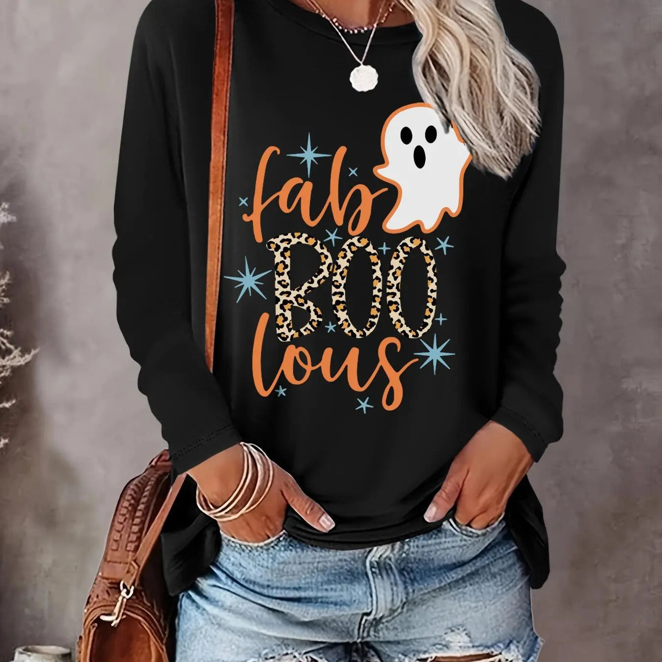 Women's Halloween Themed Ghost & Letter Print Round Neck Tee, Casual Long Sleeve Crew Neck T-shirt for Daily Holiday...