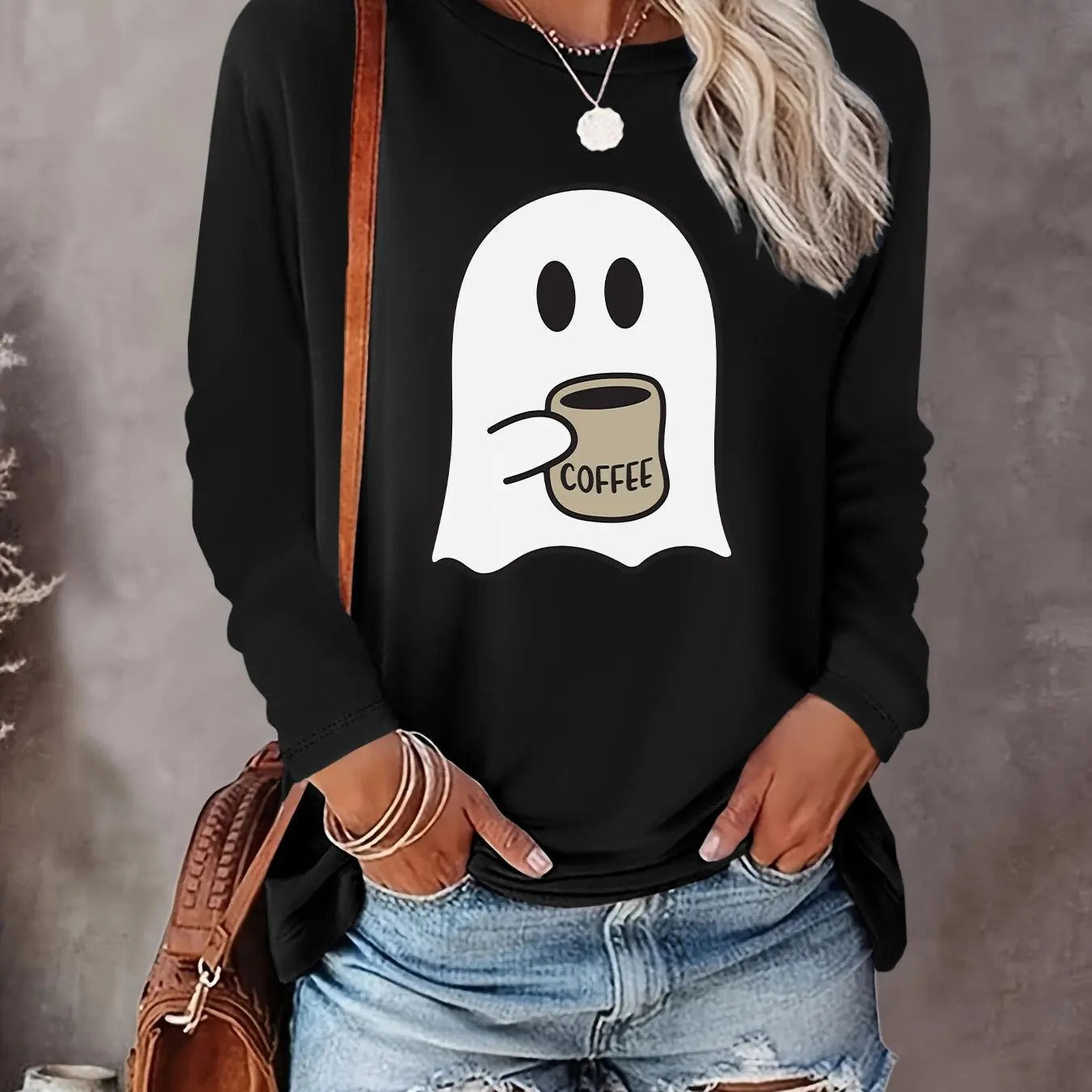 Women's Halloween Themed Ghost Print Round Neck Tee, Casual Long Sleeve Crew Neck Top for Fall & Winter, Women's Clothes...