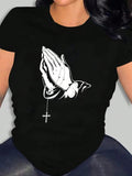 Women's Hand & Cross Print Round Neck Tee, Casual Short Sleeve T-Shirt for Summer, Ladies Clothes for Daily Wear Hoodie,...