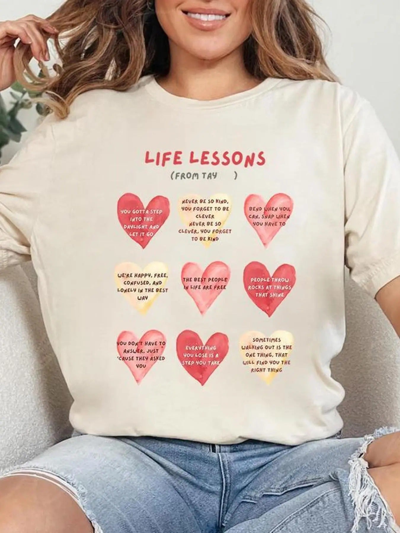 Women's Heart & Letter Print Round Neck Tee, Fashion Casual Crew Neck T-Shirt for Daily Holiday Vacation Outdoor Wear,...