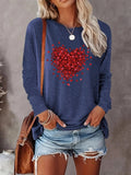 Women's Heart Print Round Neck Tee, Casual Long Sleeve Crew Neck T-shirt for Spring & Fall, Fashion Women's Top for Daily...