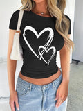 Women's Heart Print Round Neck Tee, Casual Short Sleeve Crew Neck T-shirt for Daily Wear, Ladies Clothes for All...