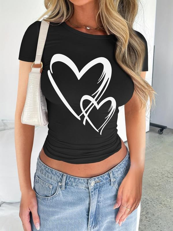 Women's Heart Print Round Neck Tee, Casual Short Sleeve Crew Neck T-shirt for Daily Wear, Ladies Clothes for All...