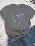 Women's Heart Print Round Neck Tee, Fashion Casual Crew Neck Short Sleeve T-Shirt for Daily Holiday Vacation Outdoor...