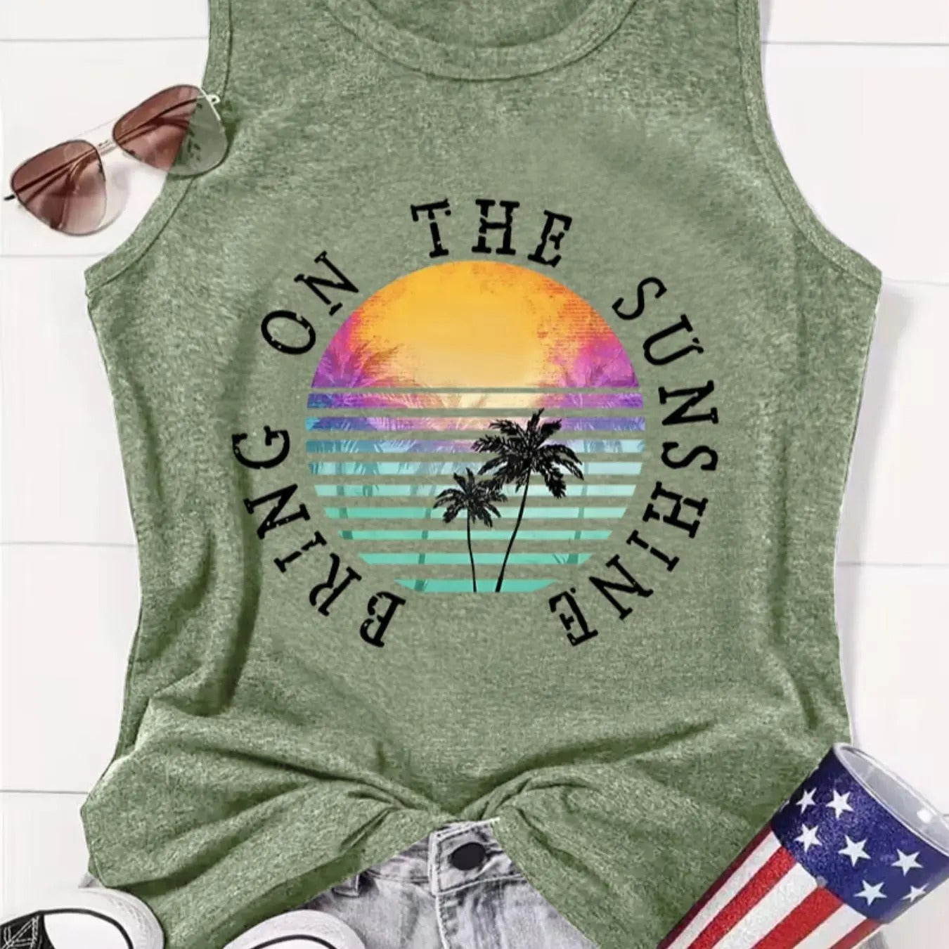 Women's Landscape & Letter Print Round Neck Tank Top, Casual Sleeveless Top for Summer, Ladies Clothes for Daily Wear...