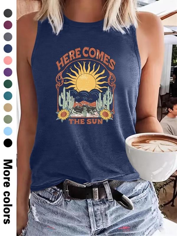 Women's Landscape & Letter Print Tank Top, Casual Sleeveless Top for Summer, Ladies Clothes for Daily Wear,...