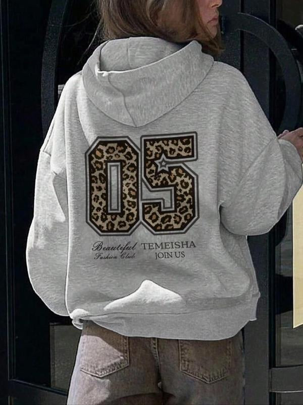 Women's Leopard Print Drop Shoulder Thermal Lined Hoodie, Fashion Casual Drawstring Pocket Hooded Sweatshirt for Daily...