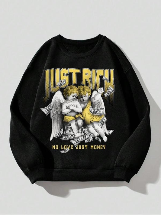 Women's Letter & Angel Print Drop Shoulder Sweatshirt, Casual Graphic Long Sleeve Round Neck Pullover For Spring & Fall, Women's Clothes For Daily Wear
