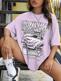 Women's Letter & Car Print Drop Shoulder Tee, Casual Round Neck Short Sleeve T-shirt, Summer Clothes Women, Lady Summer...
