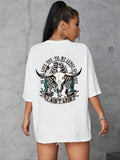 Women's Letter & Cow Head Print Round Neck Tee, Fashion Casual Cartoon Graphic Drop Shoulder Half Sleeve T-shirt for...