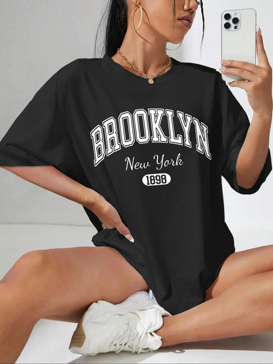 Women's Letter & Figure Print Drop Shoulder Tee, Casual Half Sleeve Round Neck T-Shirt, Women's Top for Daily Wear