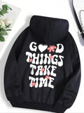 Women's Letter & Floral Print Drawstring Pocket Hoodie, Fashion Casual Comfort Fitted Long Sleeve Hooded Sweatshirt...