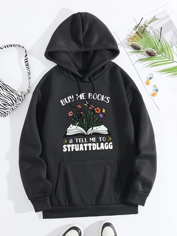 Women's Letter & Floral Print Pocket Drop Shoulder Hoodie, Fashion Casual Drawstring Hooded Sweatshirt for Daily Holiday...
