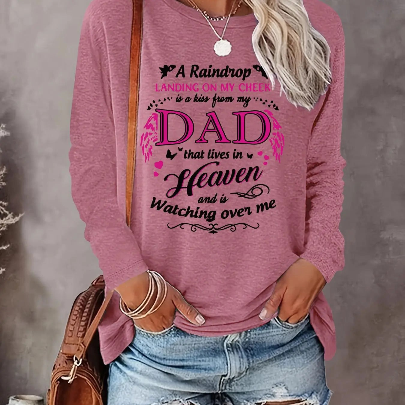 Women's Letter & Heart Print Round Neck Tee, Casual Long Sleeve Crew Neck Top for Fall & Winter, Women's Top for Daily...