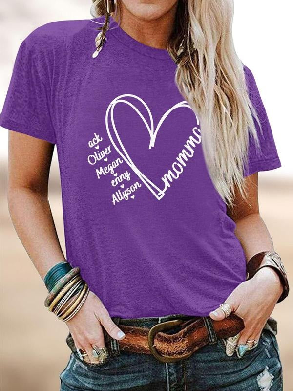 Women's Letter & Heart Print Round Neck Tee, Casual Short Sleeve Crew Neck T-shirt for Daily Wear, Ladies Clothes for All...
