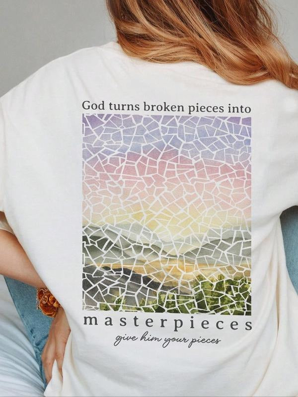 Women's Letter & Landscape Print Drop Shoulder Tee, Casual Streetwear Half Sleeve Round Neck T-shirt for Summer, Ladies...