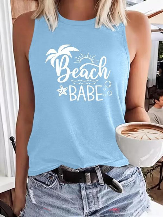 Women's Letter & Palm Tree Print Round Neck Tank Top, Casual Sleeveless Top for Summer, Ladies Clothes for Daily Wear, Socks