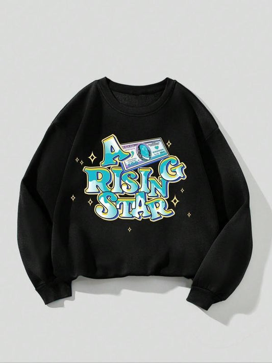 Women's Letter & Star Print Round Neck Graphic Sweatshirt, Fashion Casual Crew Neck Long Sleeve Pullover for Daily Wear, Women's Clothing for Fall & Winter