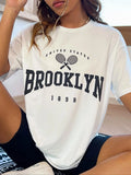 Women's Letter & Tennis Print Drop Shoulder Tee, Casual Half Sleeve Round Neck T-shirt for Summer, Fashion Women's Top...