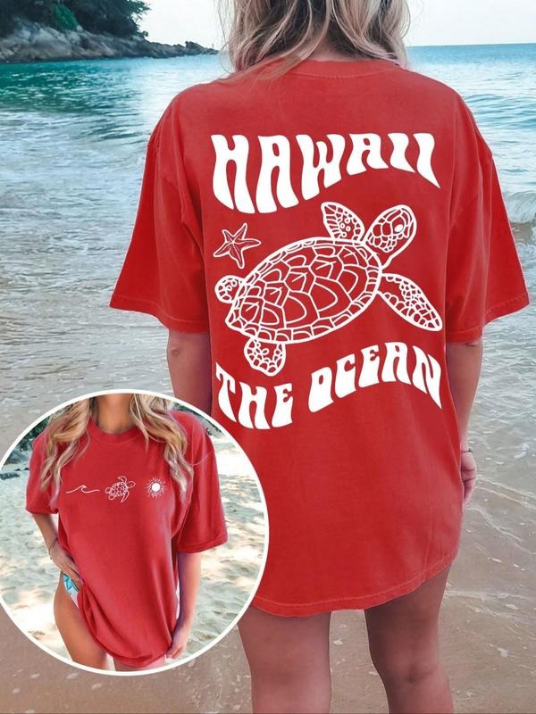 Women's Letter & Turtle Print Round Neck Graphic Tee, Vintage Trendy Casual Drop Shoulder Half Sleeve T-shirt for Daily...