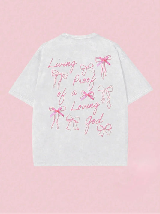 Women's Letter Graphic Bow Decor Drop Shoulder Tee, Casual Short Sleeve Round Neck T-shirt for Summer, Graphic Tees Women, Women's Top for Daily Wear