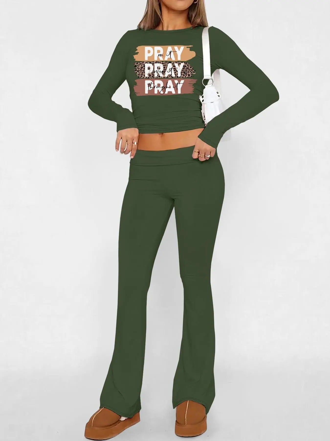 Women's Letter Print Crop Top & Plain Flare Leg Pants Set, Casual Long Sleeve Round Neck Top & Bell Bottom Trousers, Women's Fall & Winter Clothes