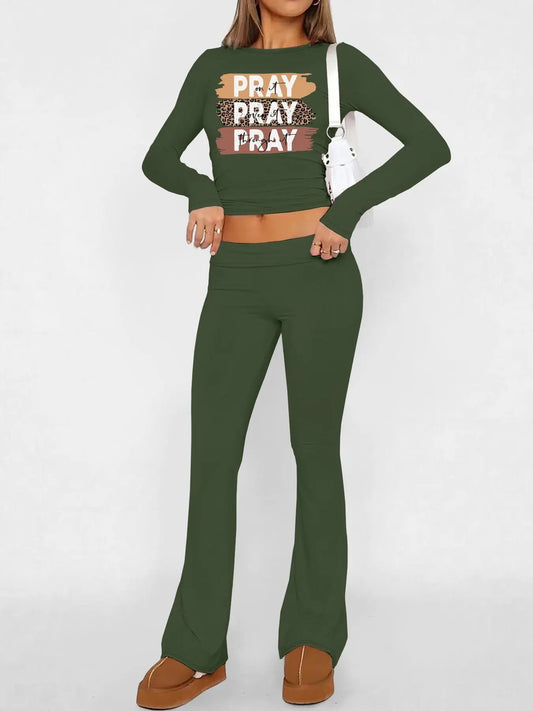 Women's Letter Print Crop Top & Plain Flare Leg Pants Set, Casual Long Sleeve Round Neck Top & Bell Bottom Trousers, Women's Fall & Winter Clothes
