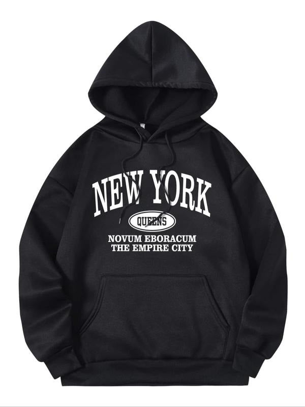 Women's Letter Print Drawstring Pocket Drop Shoulder Hoodie, Fashion Casual Hooded Long Sleeve Pullover For Daily Holiday...