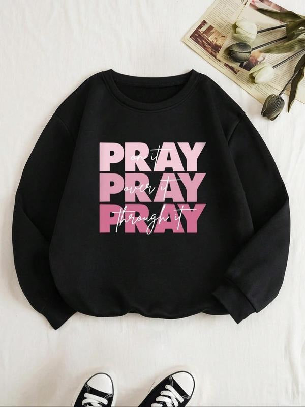 Women's Letter Print Drop Shoulder Graphic Sweatshirt, Trendy Casual Long Sleeve Crewneck Pullover For Daily Streetwear,...