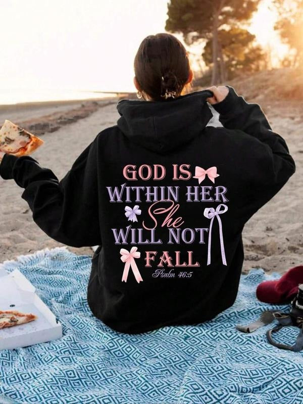 Women's Letter Print Drop Shoulder Hoodie, Fashion Casual Drawstring Pocket Hooded Sweatshirt for Daily Holiday Outdoor...