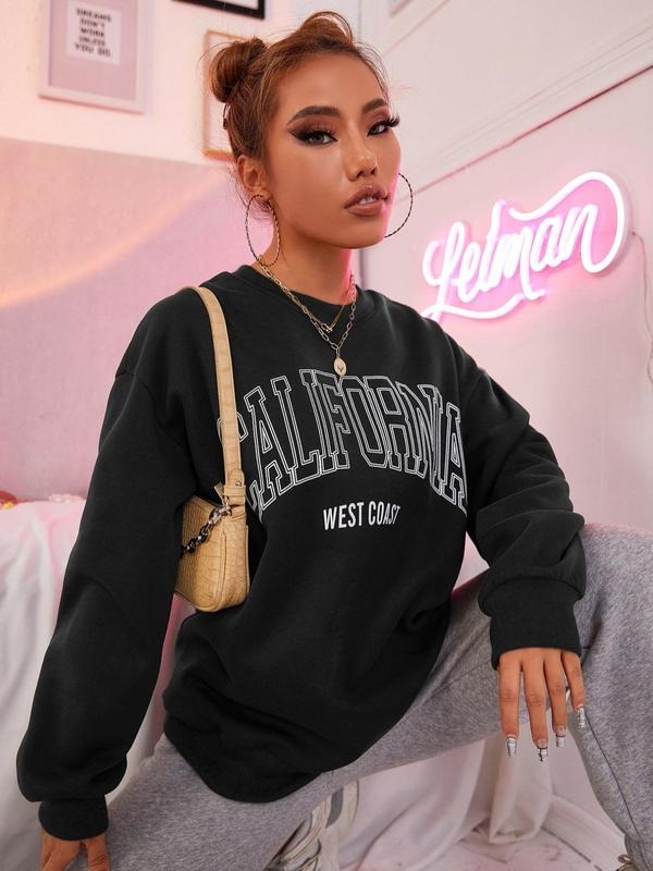 Women's Letter Print Drop Shoulder Sweatshirt Without Necklace, Casual Long Sleeve Round Neck Pullover For Fall & Winter,...