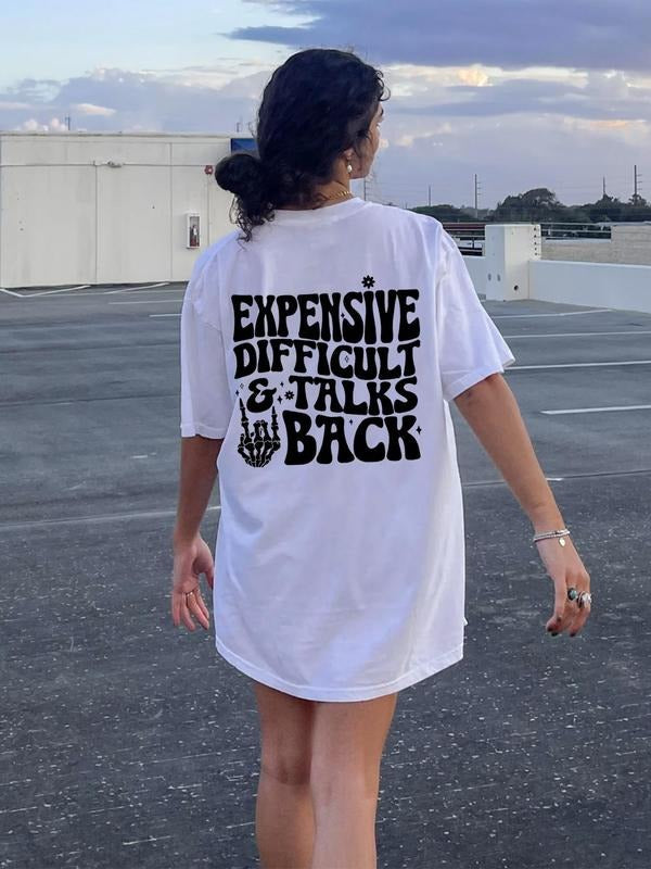Women's Letter Print Drop Shoulder Tee, Summer Clothes, Vintage Graphic Tees, Casual Crew Neck Half Sleeve T-shirt for...